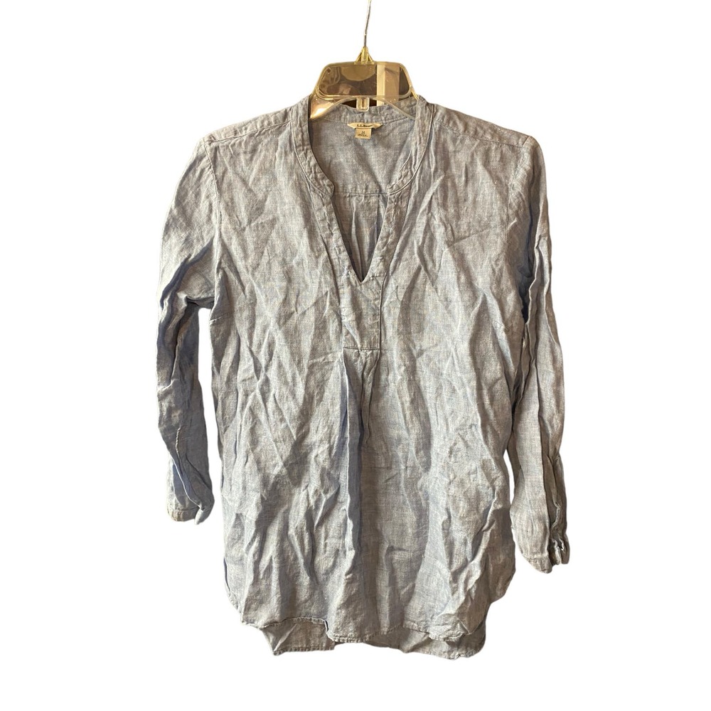 L.L. Bean 100% Linen Top MEDIUM Chambray Blue V-Neck Woven Popover Minimalist